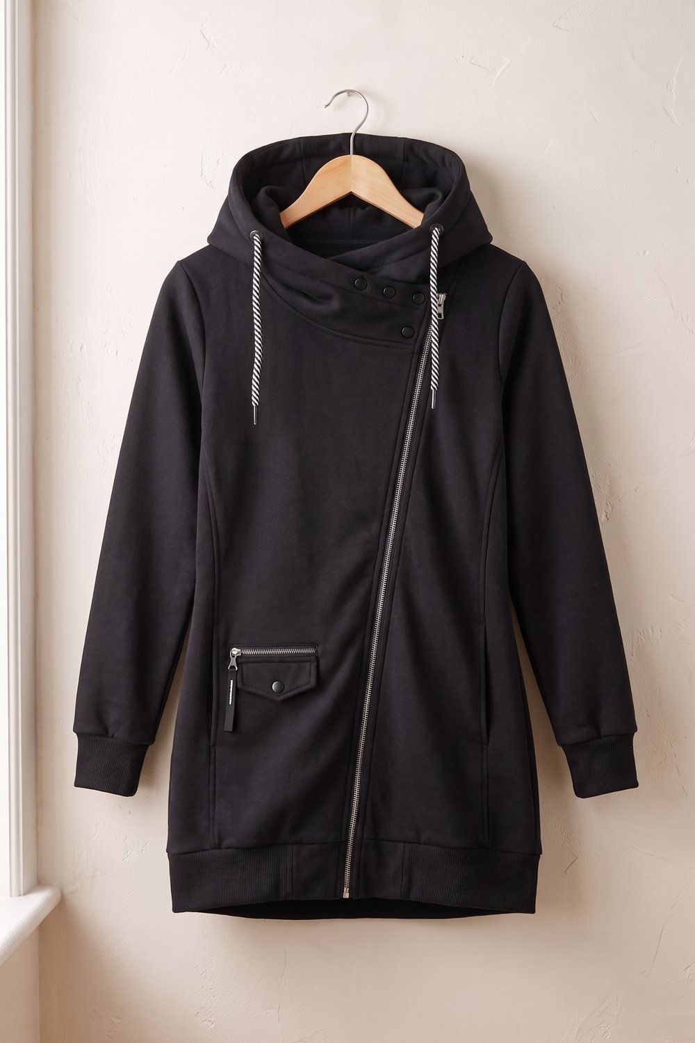 Zwarte hoodie aan een hanger, voorkant