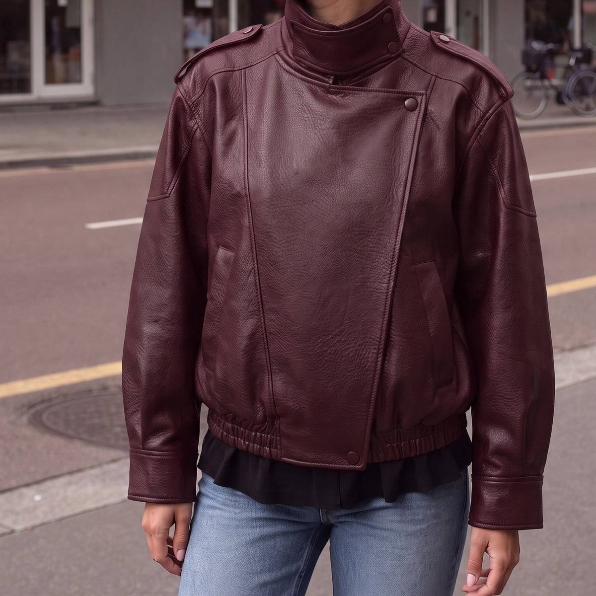Oversized bikerjack in rood van imitatieleer met opstaande kraag | Boutique Moda