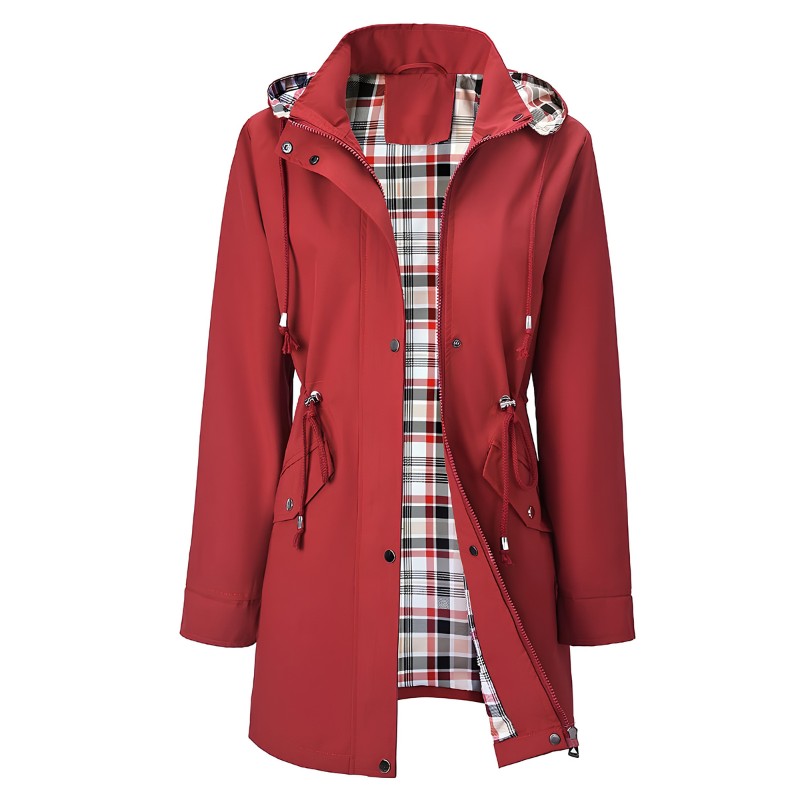 Rood regenjas met geruite voering en capuchon