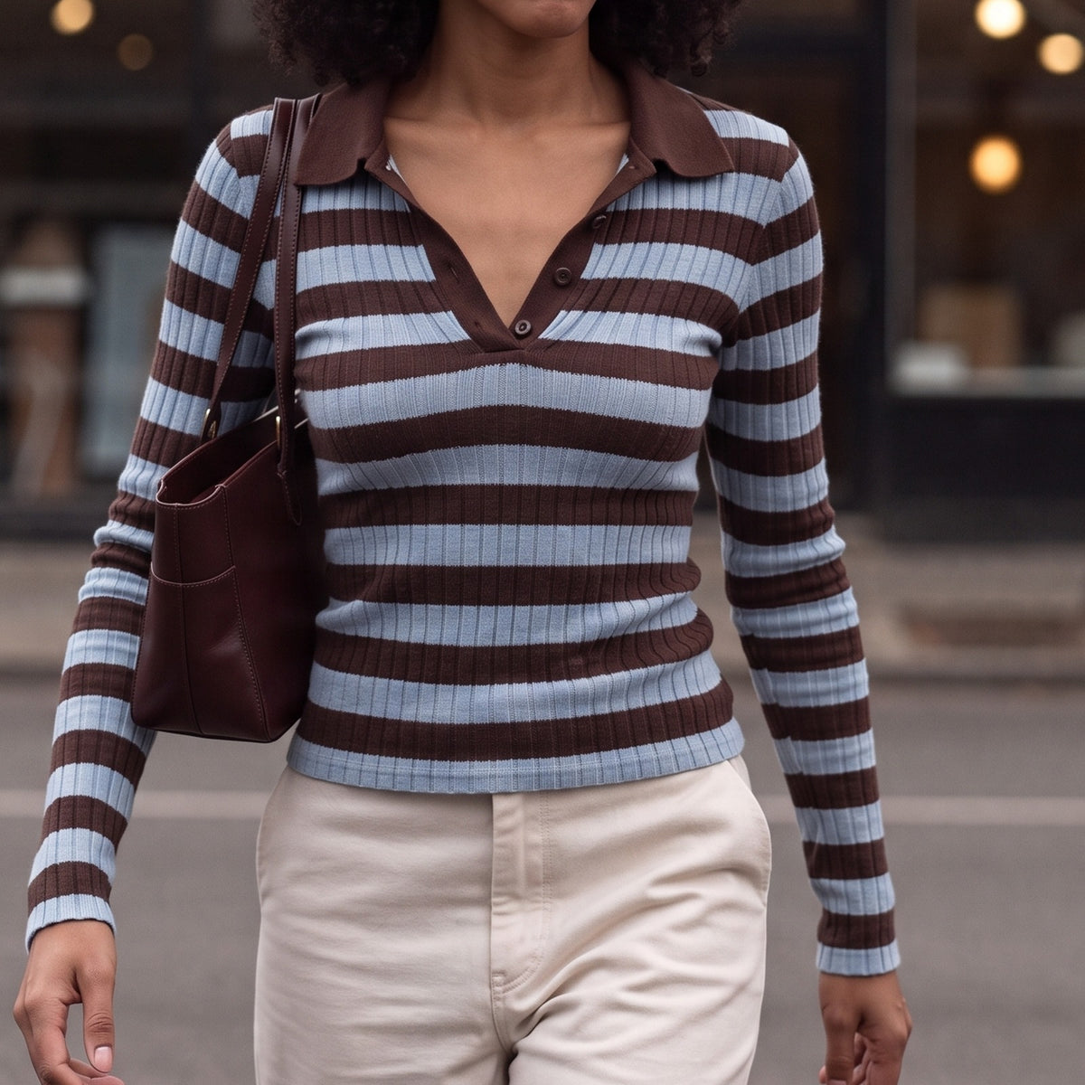 Close-up van het gestreepte ribbreisel en de polokraag | Boutique Moda