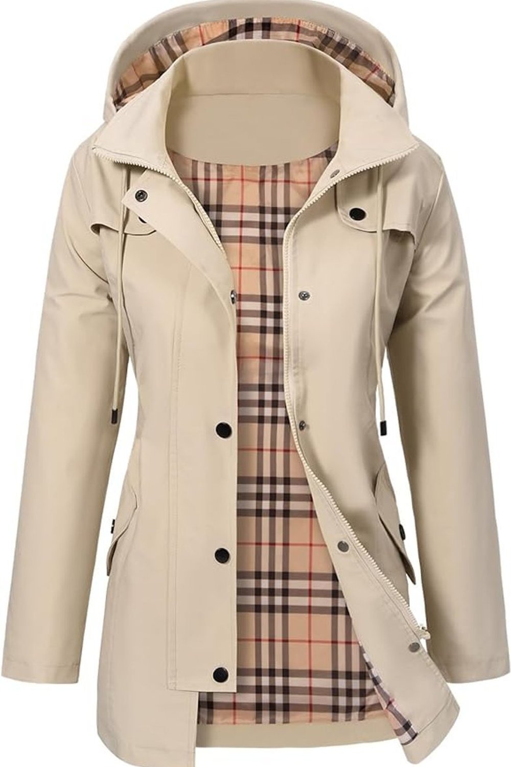 Beige regenjas open, met geruite voering