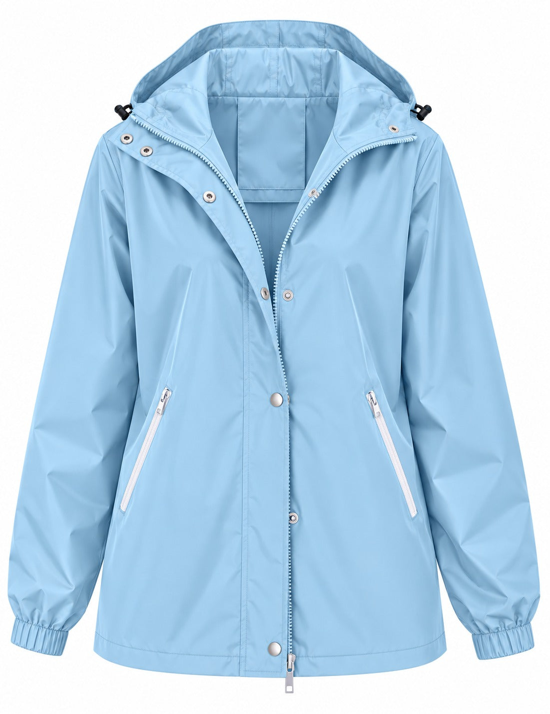 Regenjas in lichtblauw met capuchon, rits en drukknopen | Boutique Moda