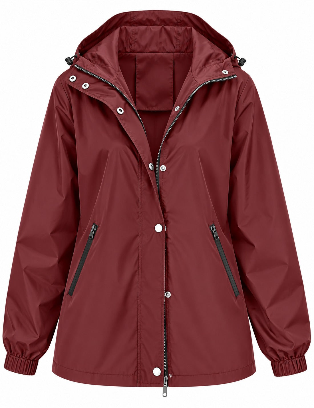 Regenjas in bordeaux met capuchon, rits en drukknopen | Boutique Moda
