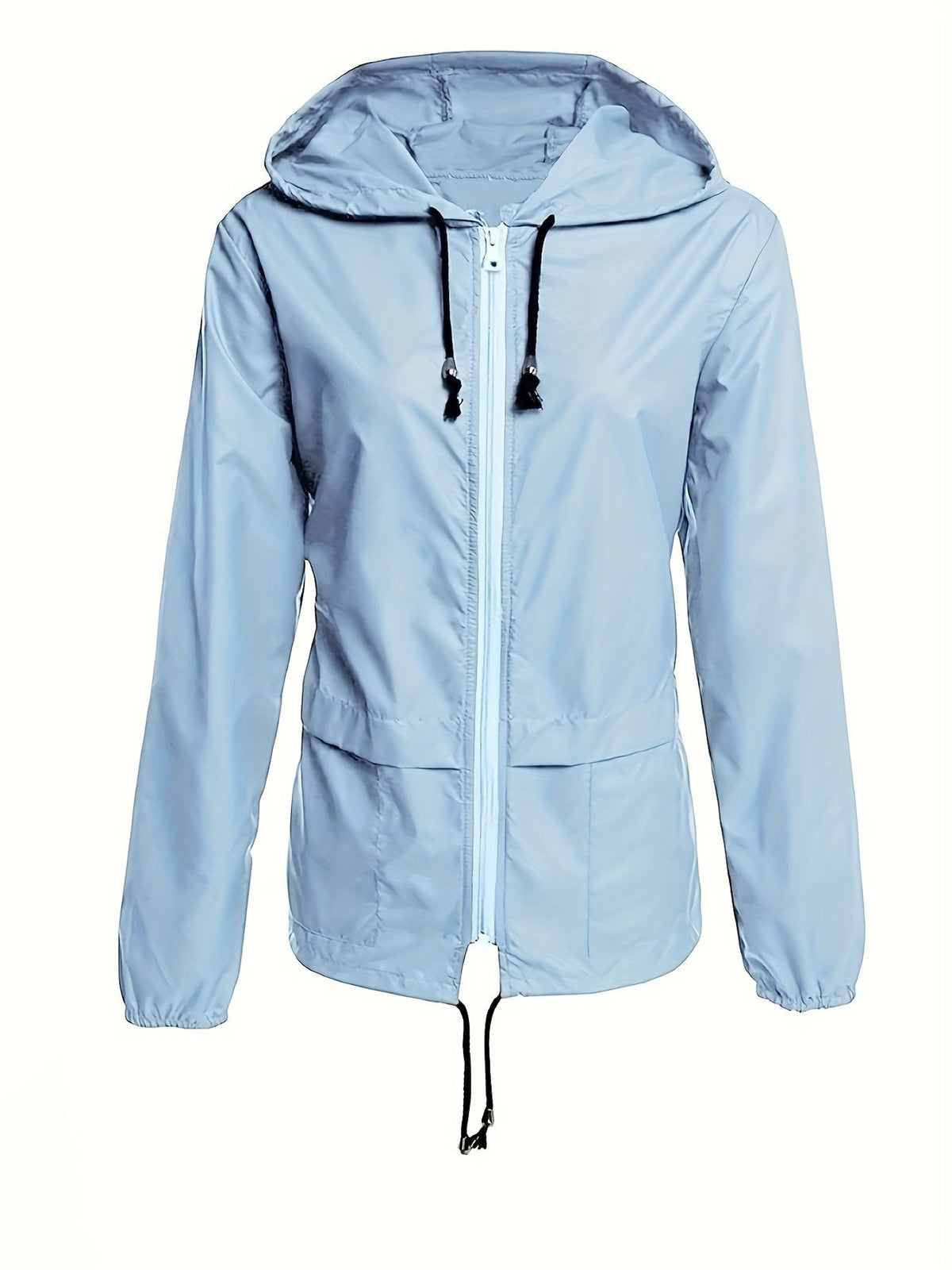 Windjack in lichtblauw met capuchon en koord aan de zoom | Boutique Moda