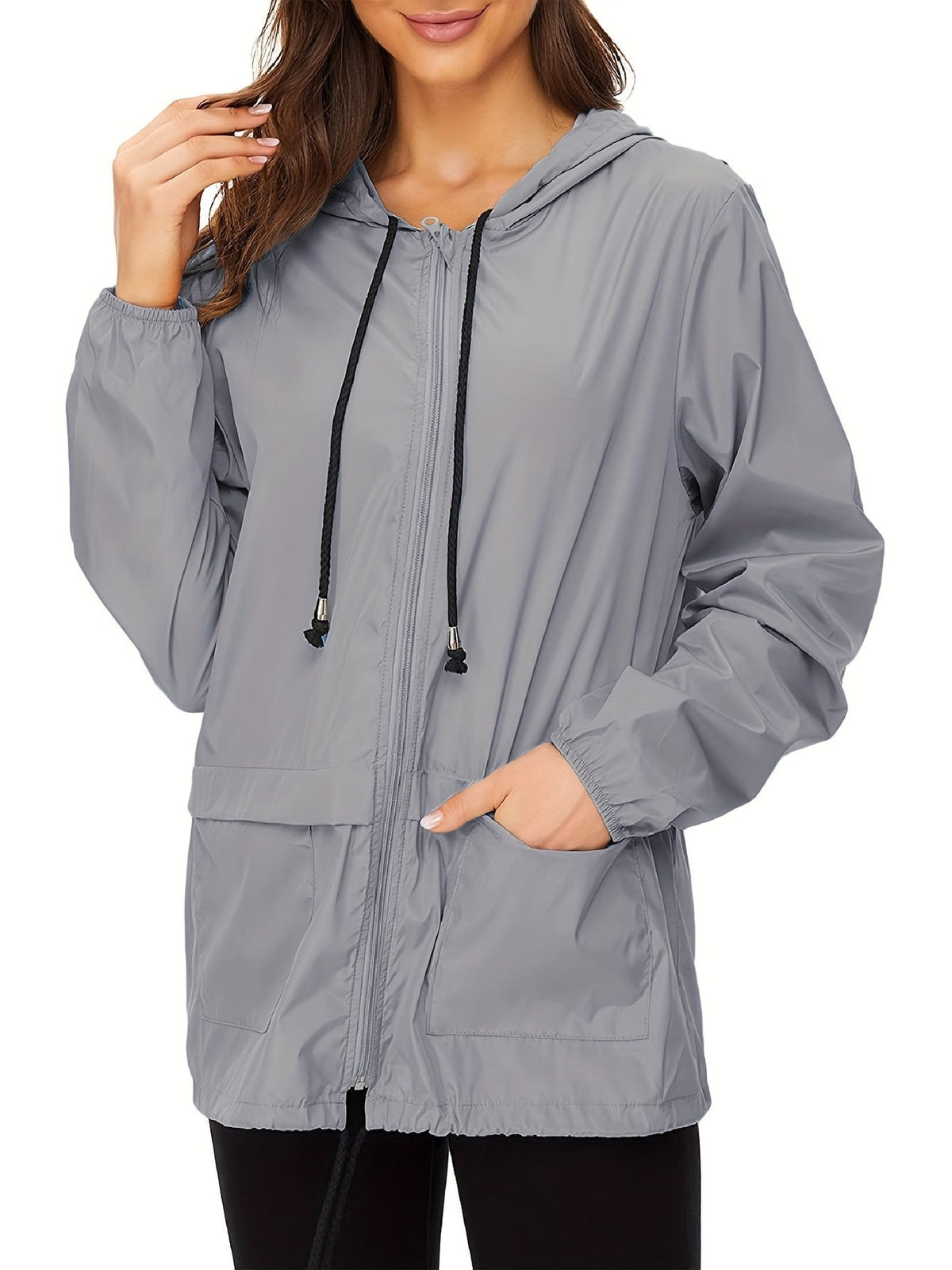 Grijs windjack open gedragen met losse koorden | Boutique Moda
