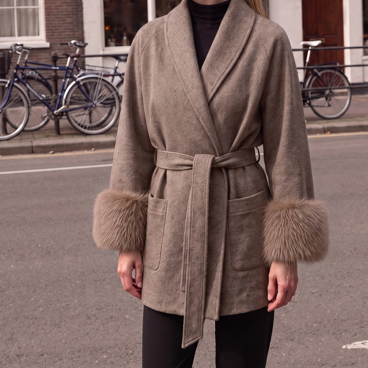 Wikkeljas in bruin met nepbont manchetten en strikceintuur | Boutique Moda