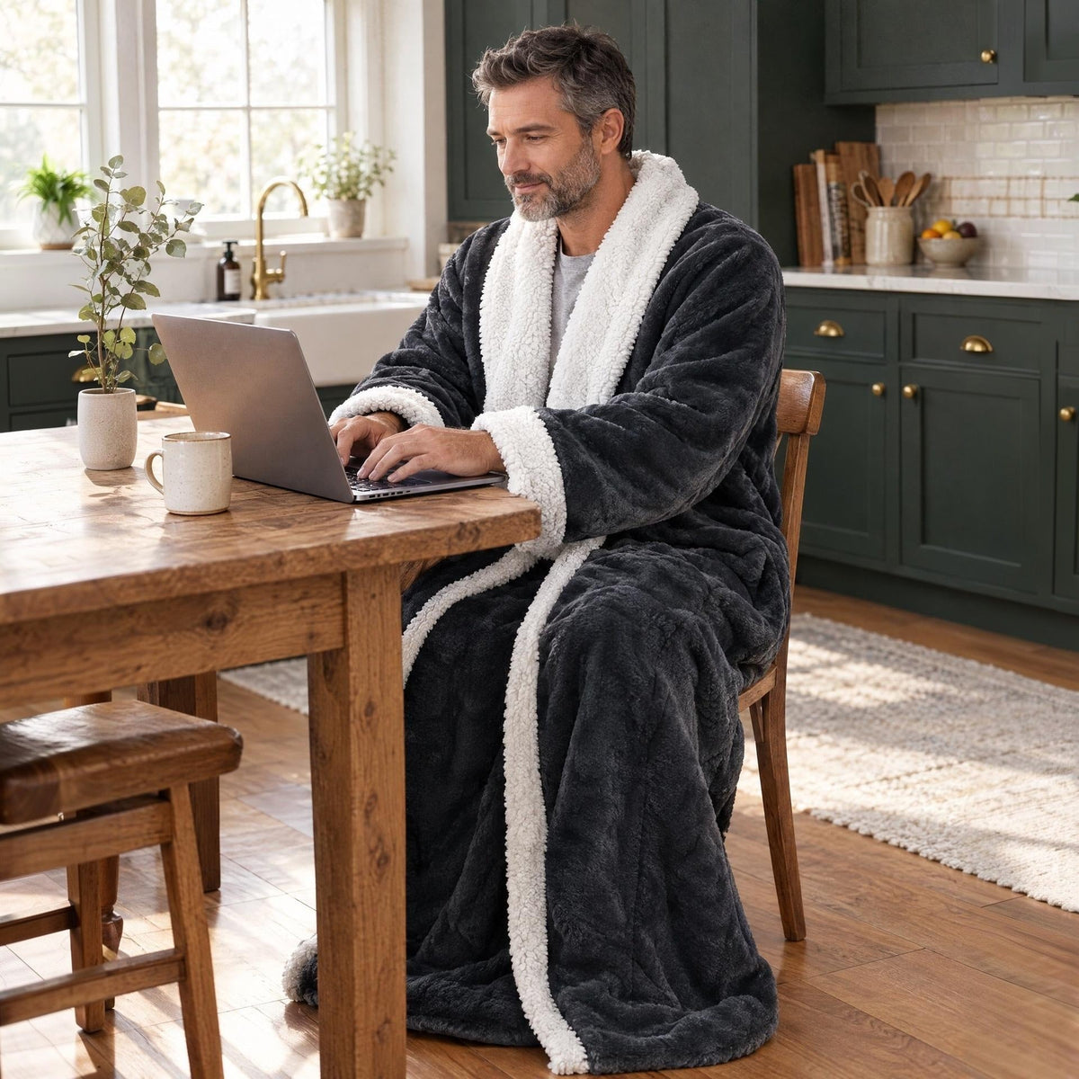Man draagt donkergrijze badjas met witte sherpa voering aan tafel | Boutique Moda
