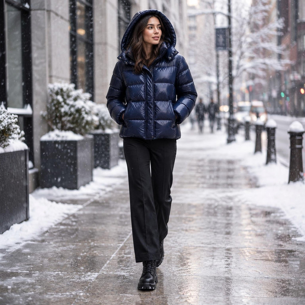 Glanzende blauwe pufferjas met capuchon, gedragen door vrouw in besneeuwde straat | Boutique Moda