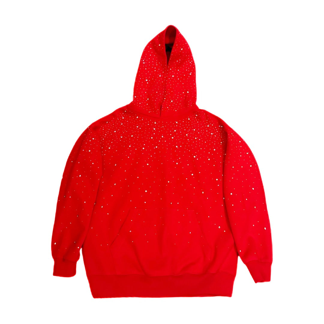 Rode oversized hoodie met strass, vooraanzicht