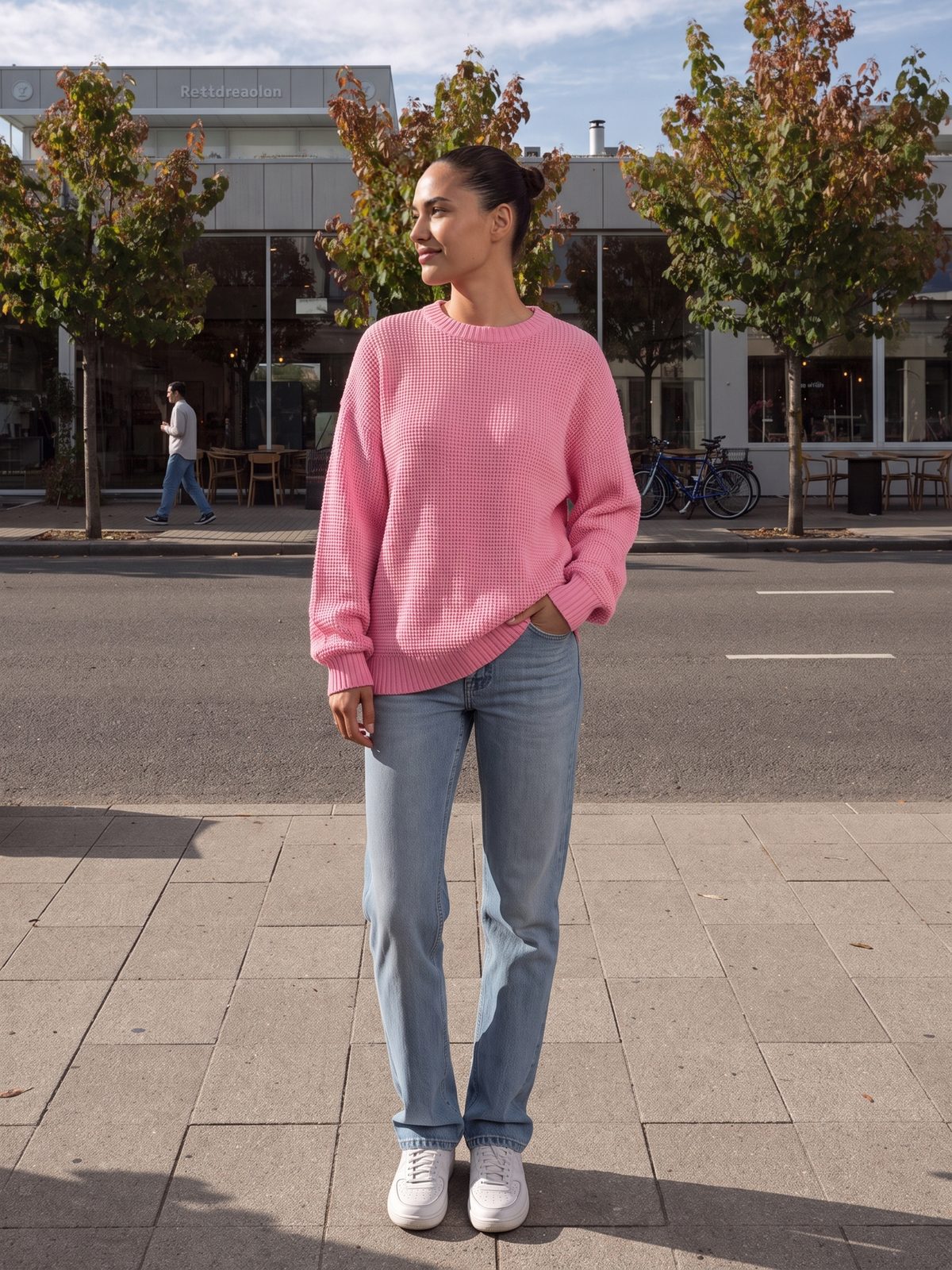Vrouw in een roze oversized sweater met wafelstructuur in een straat in Rotterdam