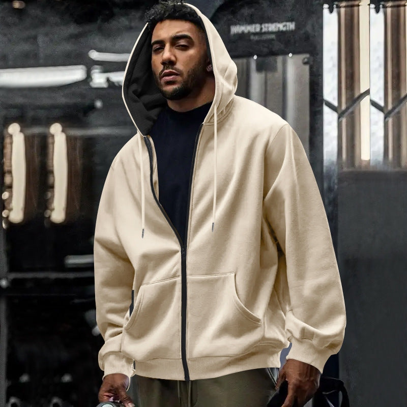 Oversized vest met capuchon voor heren in crème, gedragen, voorkant