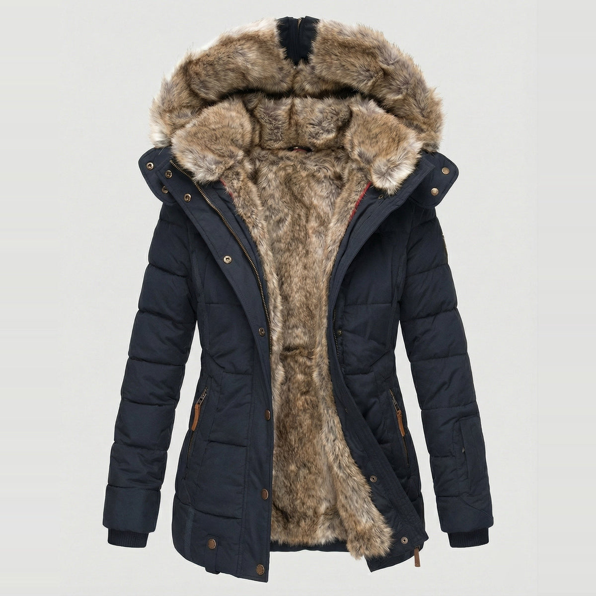 Donkerblauwe winterparka met capuchon en imitatiebontvoering, uitgespreid getoond | Boutique Moda
