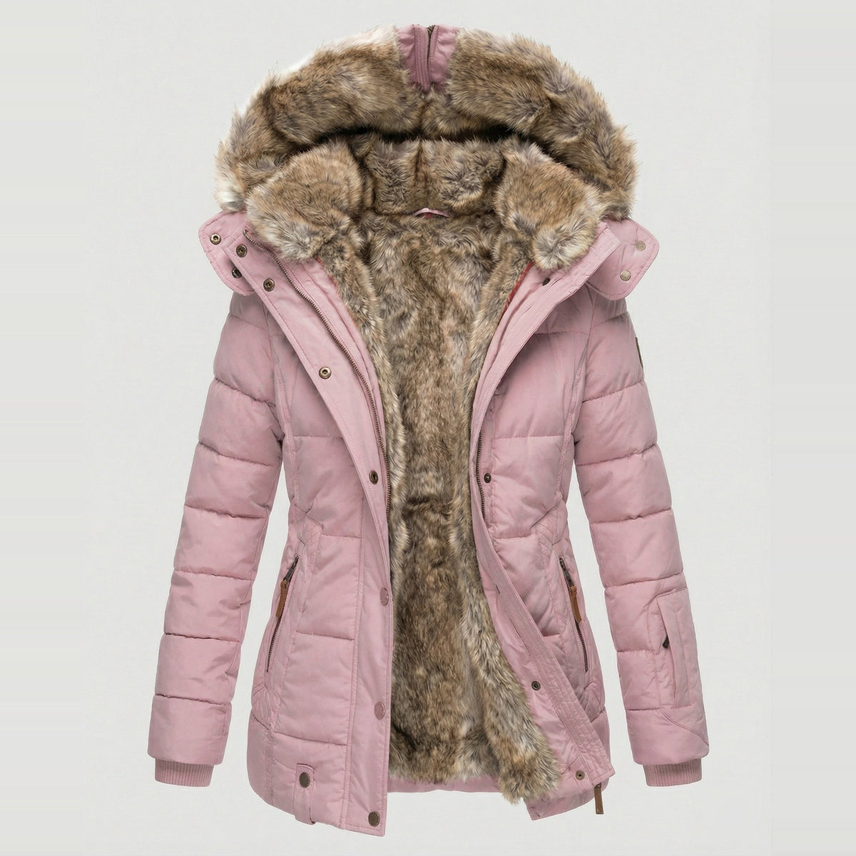 Roze winterjas met capuchon en imitatiebontvoering, uitgespreid getoond | Boutique Moda