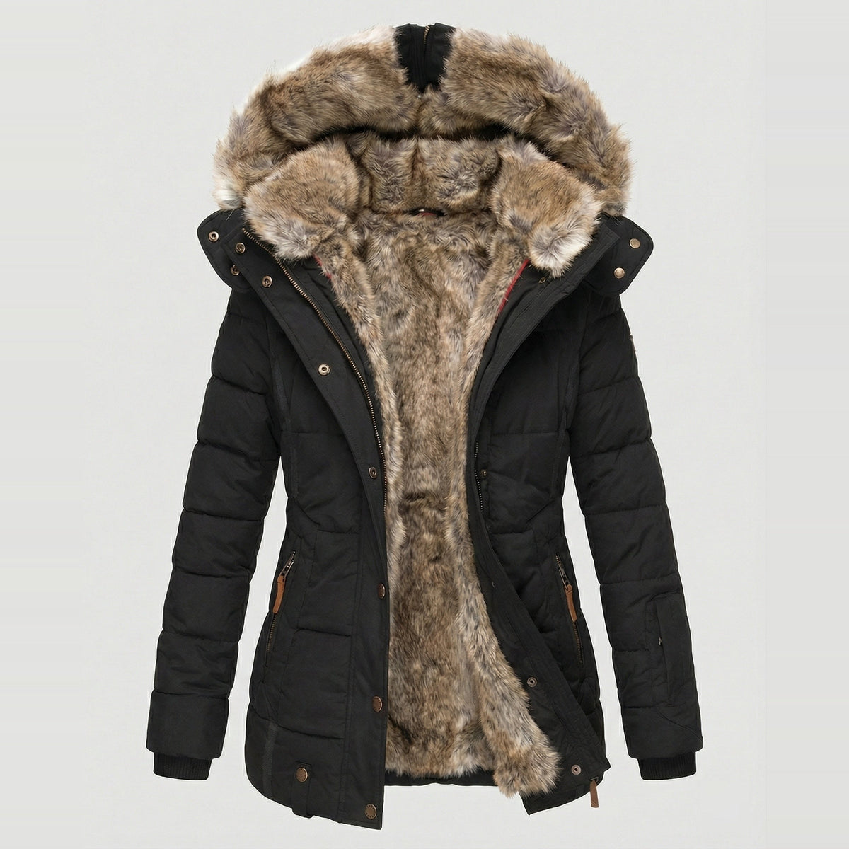 Zwarte winterparka met capuchon en imitatiebontvoering, uitgespreid getoond | Boutique Moda