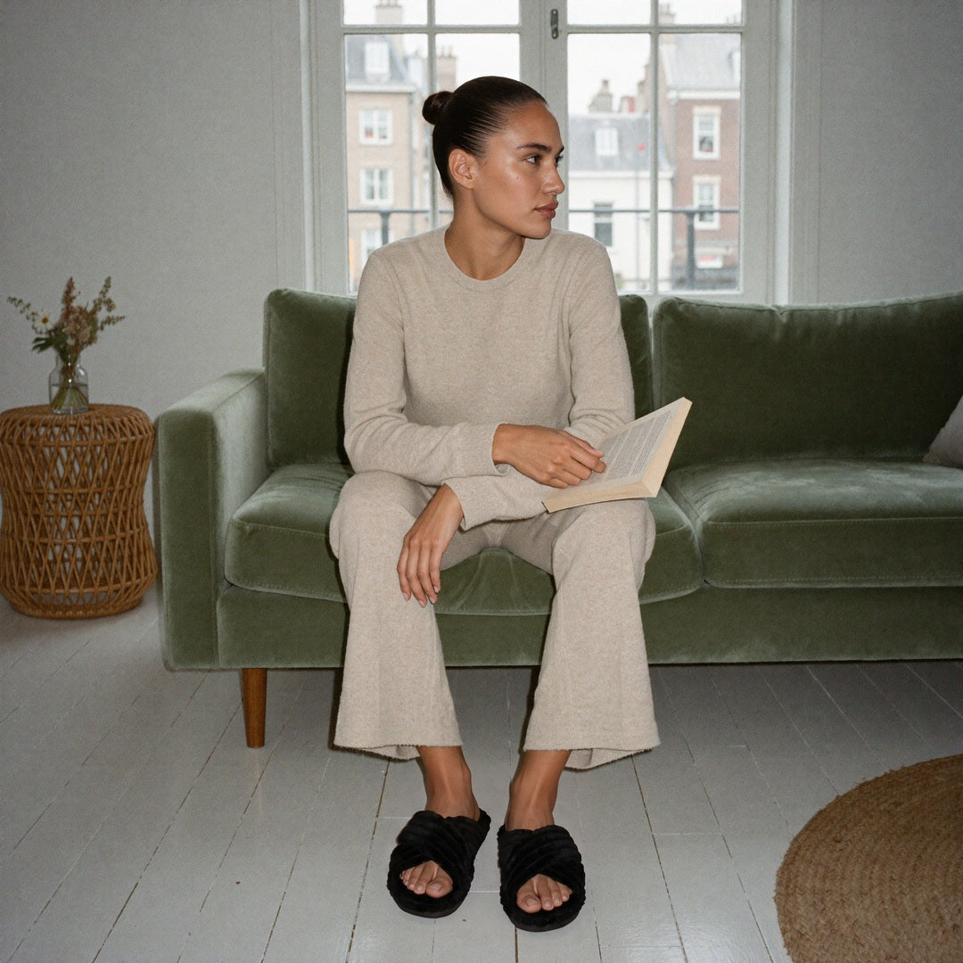 Model met de zwarte pluche pantoffels met gekruiste banden, zittend op de bank
