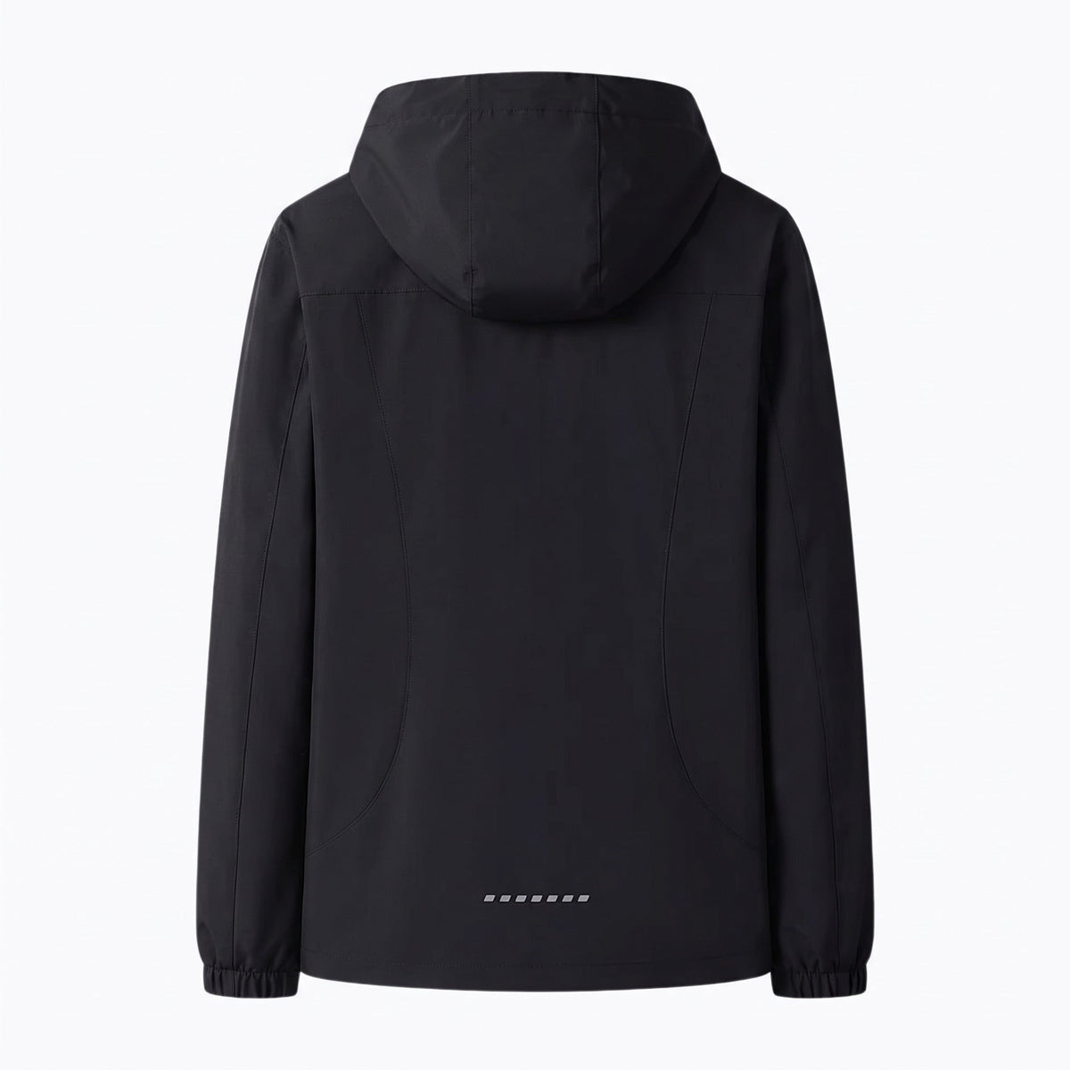 Zwarte waterdichte jas met capuchon, achteraanzicht op paspop getoond | Boutique Moda
