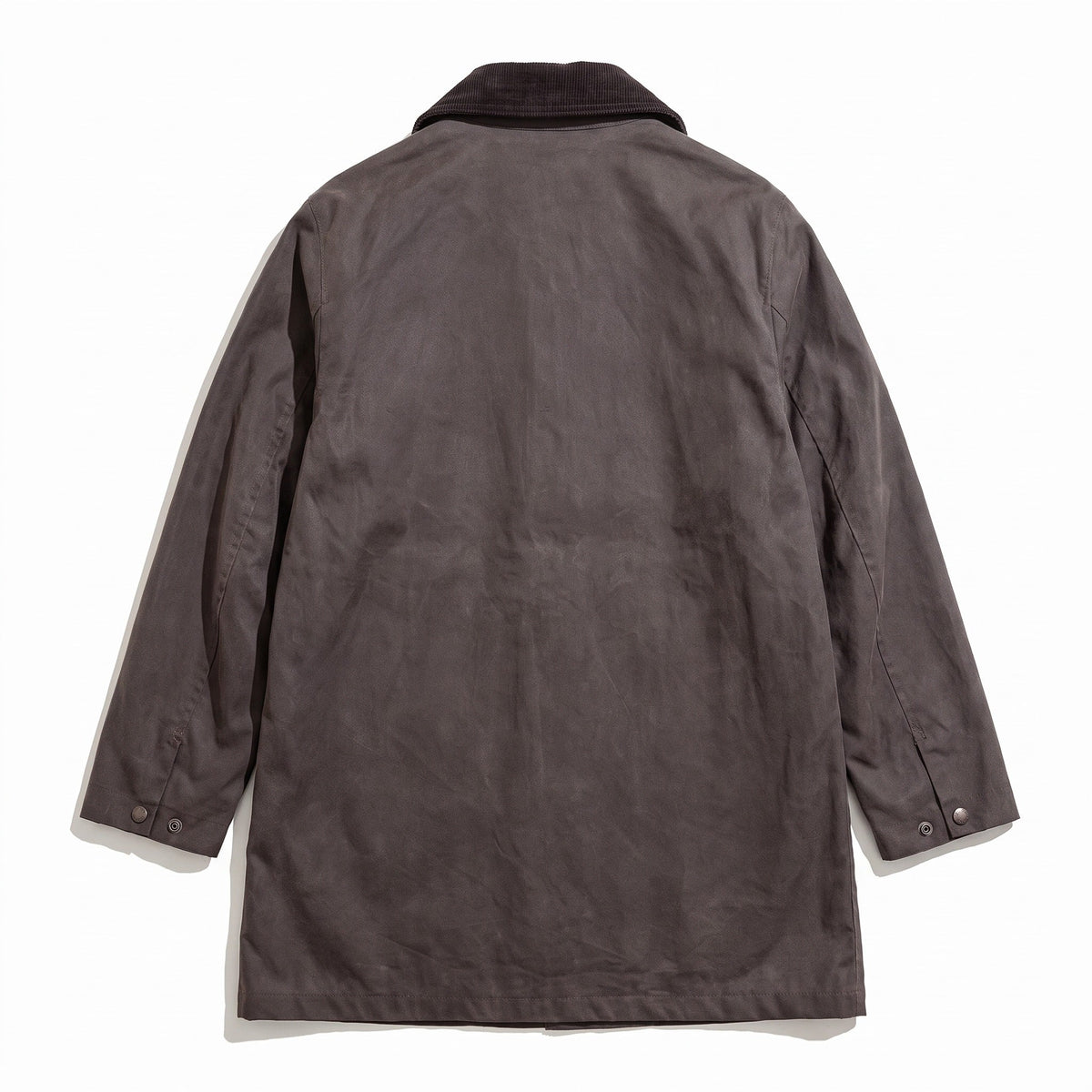 Bruine jas met corduroy kraag, achteraanzicht, op onzichtbare mannequin getoond | Boutique Moda