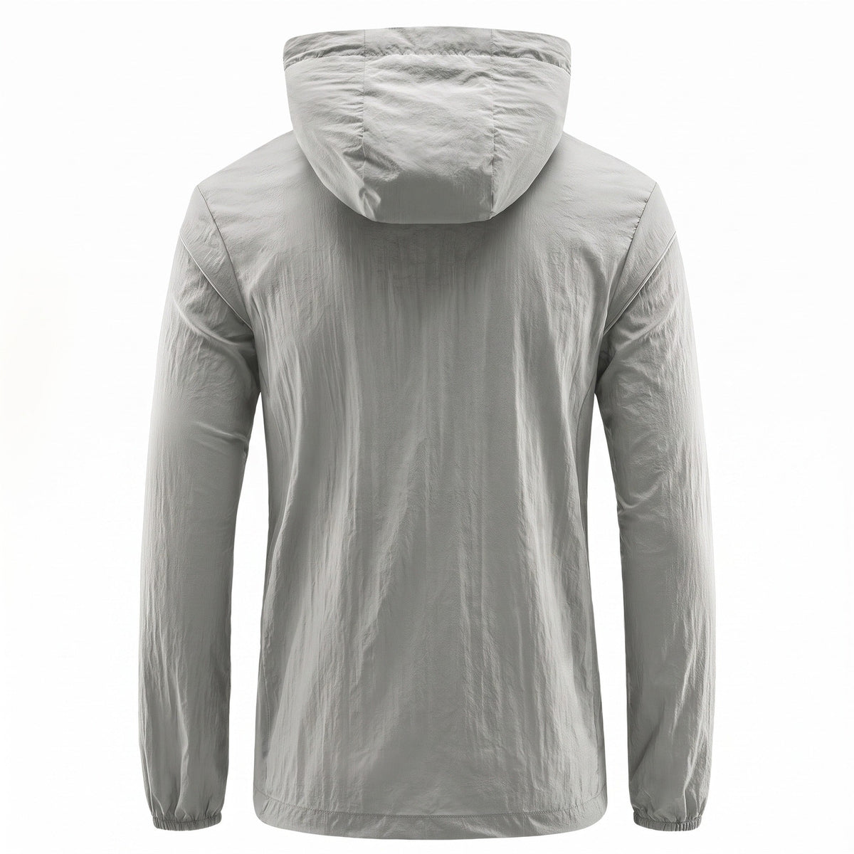 Grijze outdoorjas met capuchon, achteraanzicht, gedragen door een persoon | Boutique Moda