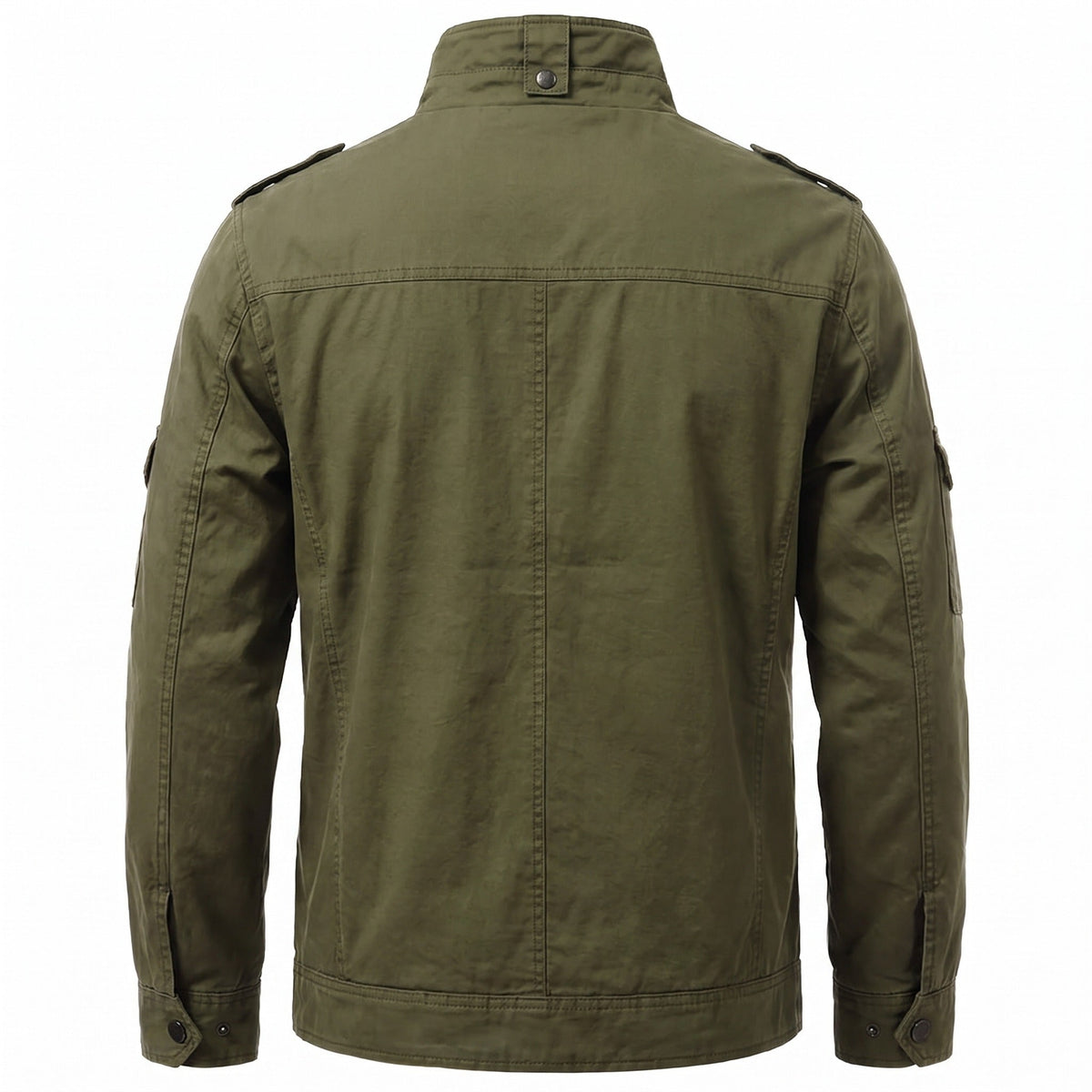 Legergroene utility jas met achteraanzicht, opstaande kraag, gedragen door model | Boutique Moda