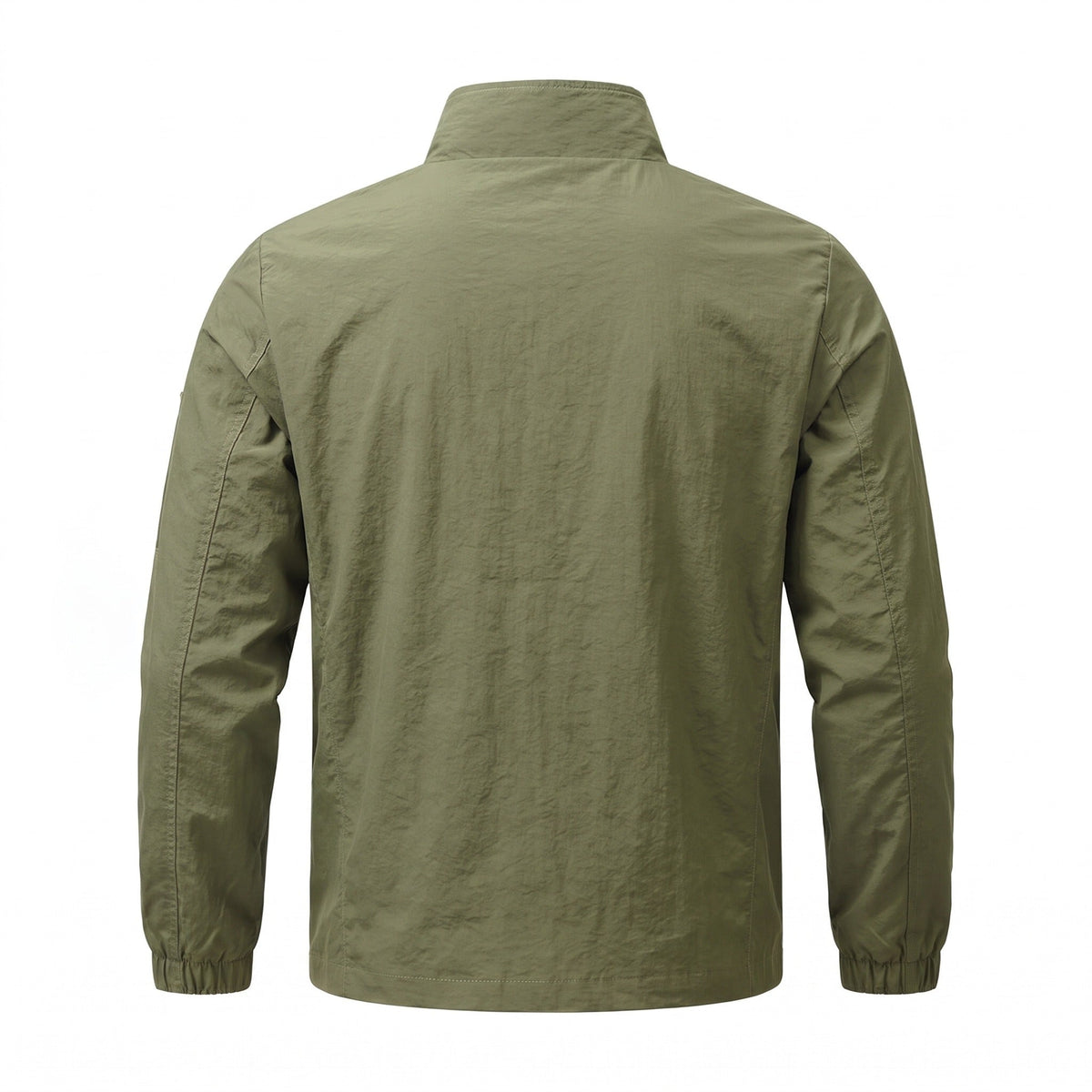 Legergroene utility jas met opstaande kraag, achteraanzicht, plat gefotografeerd | Boutique Moda