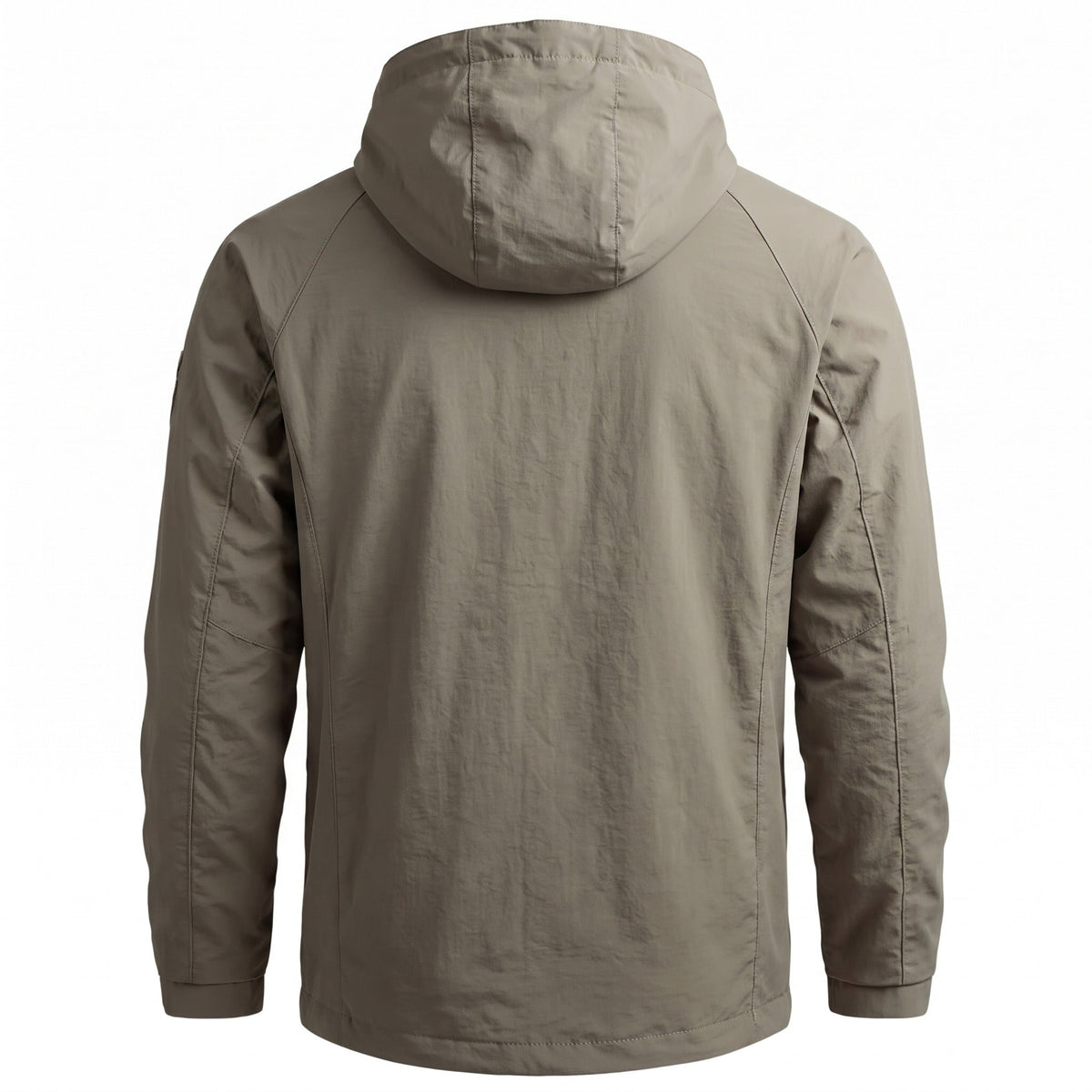 Beige jas met capuchon, achteraanzicht, gedragen door een persoon | Boutique Moda