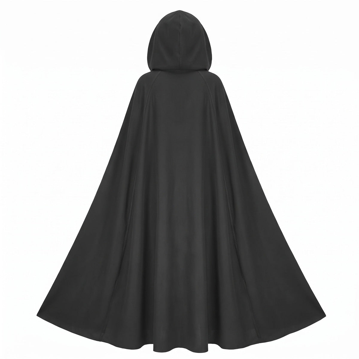 Zwarte lange cape met capuchon, effen kleur, op paspop getoond | Boutique Moda