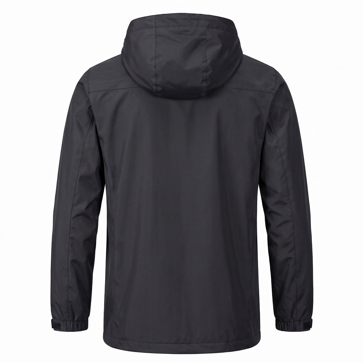 Zwarte outdoorjas met capuchon, achteraanzicht, op onzichtbare paspop getoond | Boutique Moda