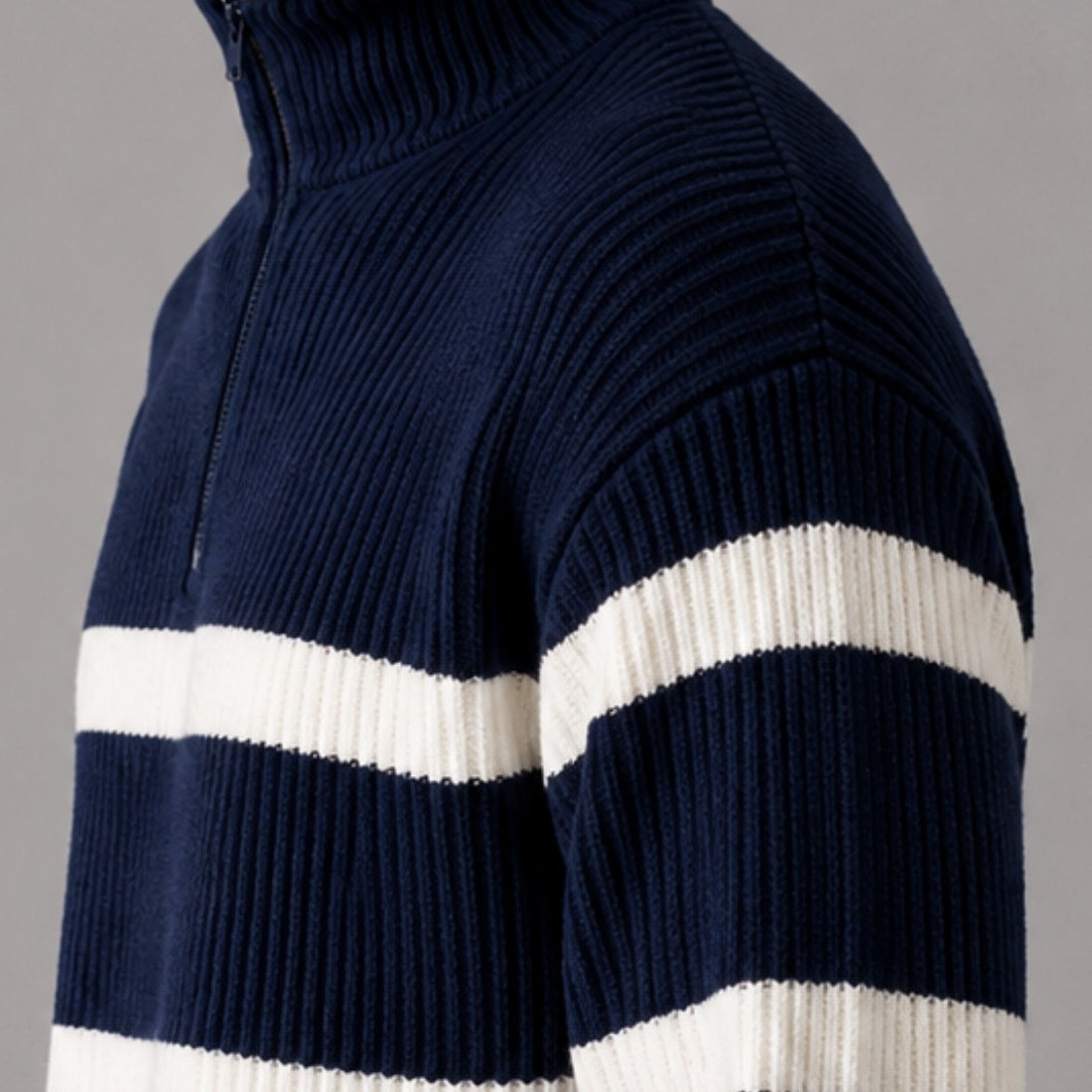 Gestreepte Trui met Rits Heren | Ribgebreid | Oversized | Opstaande Kraag