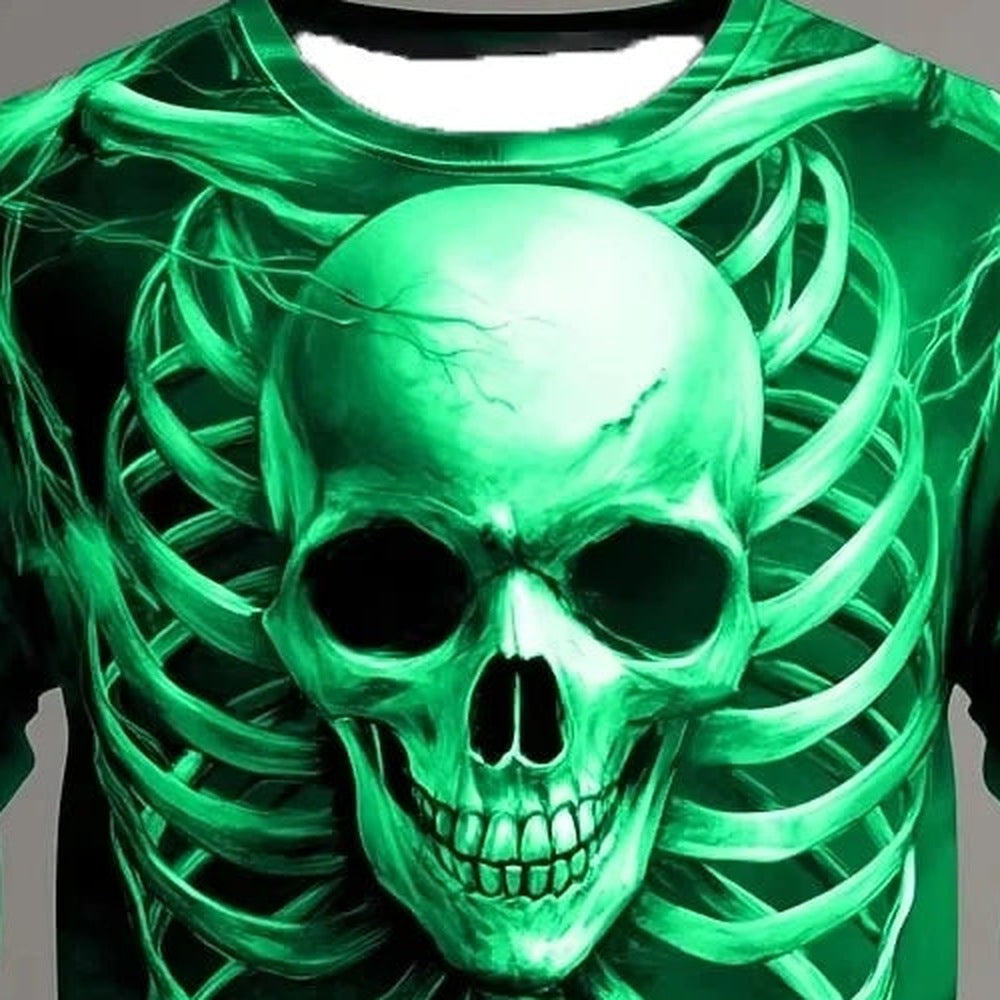 Groen longsleeve shirt met 3D-print van schedel en ribbenkast, close-up gedragen | Boutique Moda
