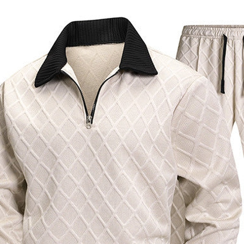 Halfzip Loungeset Heren | Ruitstructuur | Crème