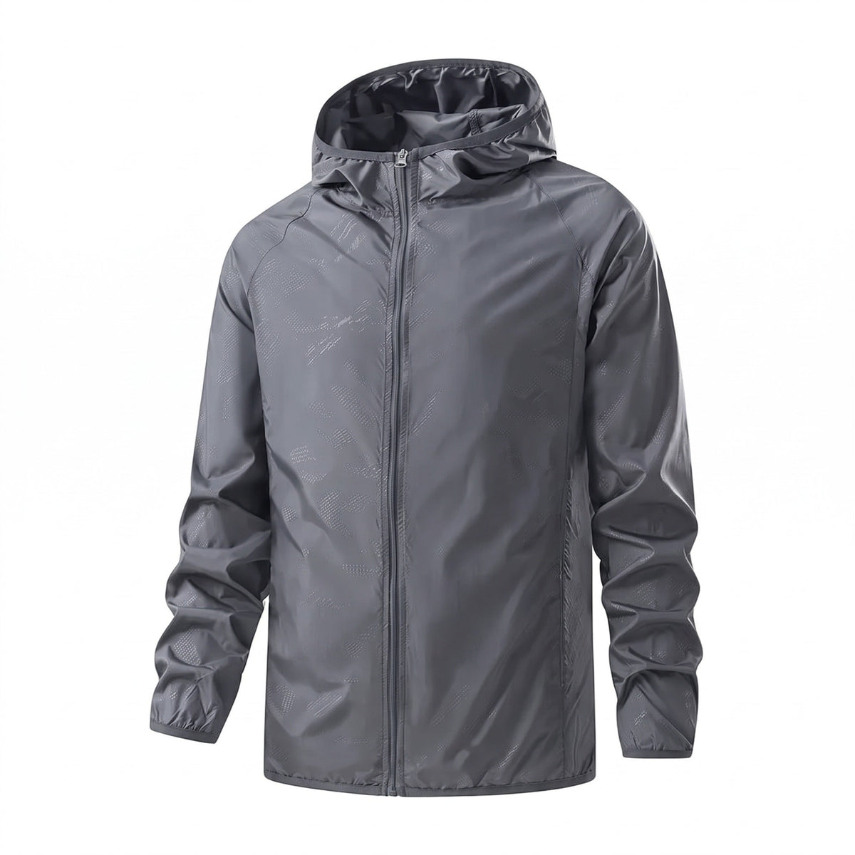 Grijze ultralichte jas met capuchon, gedragen door een man, rits gesloten | Boutique Moda