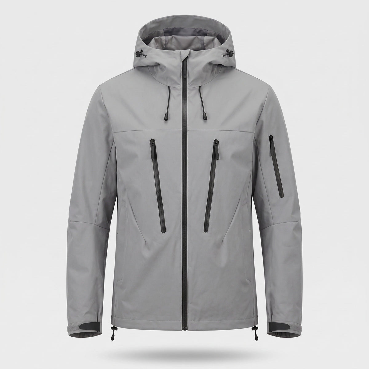 Grijze technische regenjas met capuchon en ritszakken op onzichtbare mannequin | Boutique Moda
