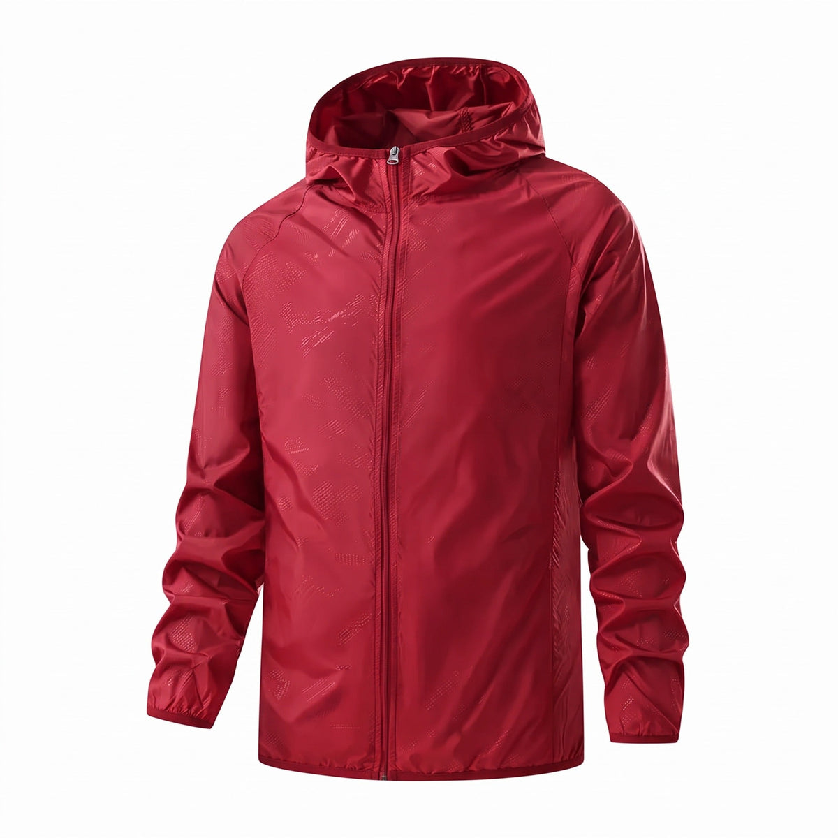 Rode jas met capuchon en rits, getoond op onzichtbare mannequin | Boutique Moda