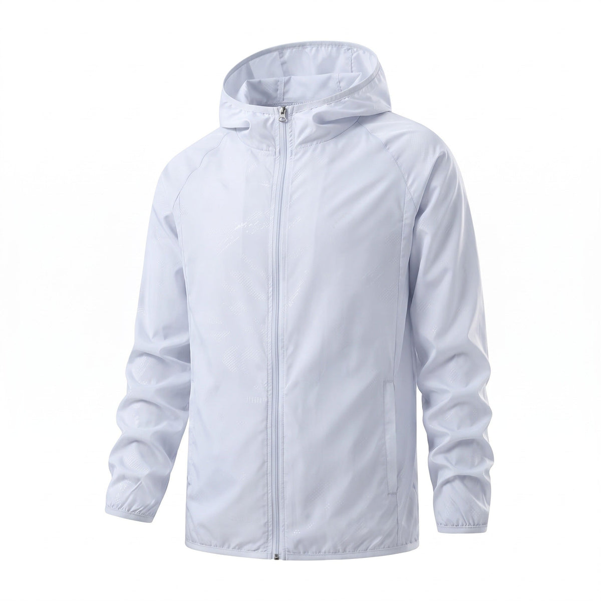 Witte lichtgewicht jas met capuchon, rits sluiting, zwevend getoond zonder model | Boutique Moda