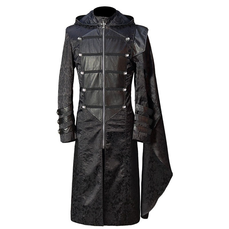 Zwarte gothic mantel met capuchon en schoudercape op paspop getoond | Boutique Moda