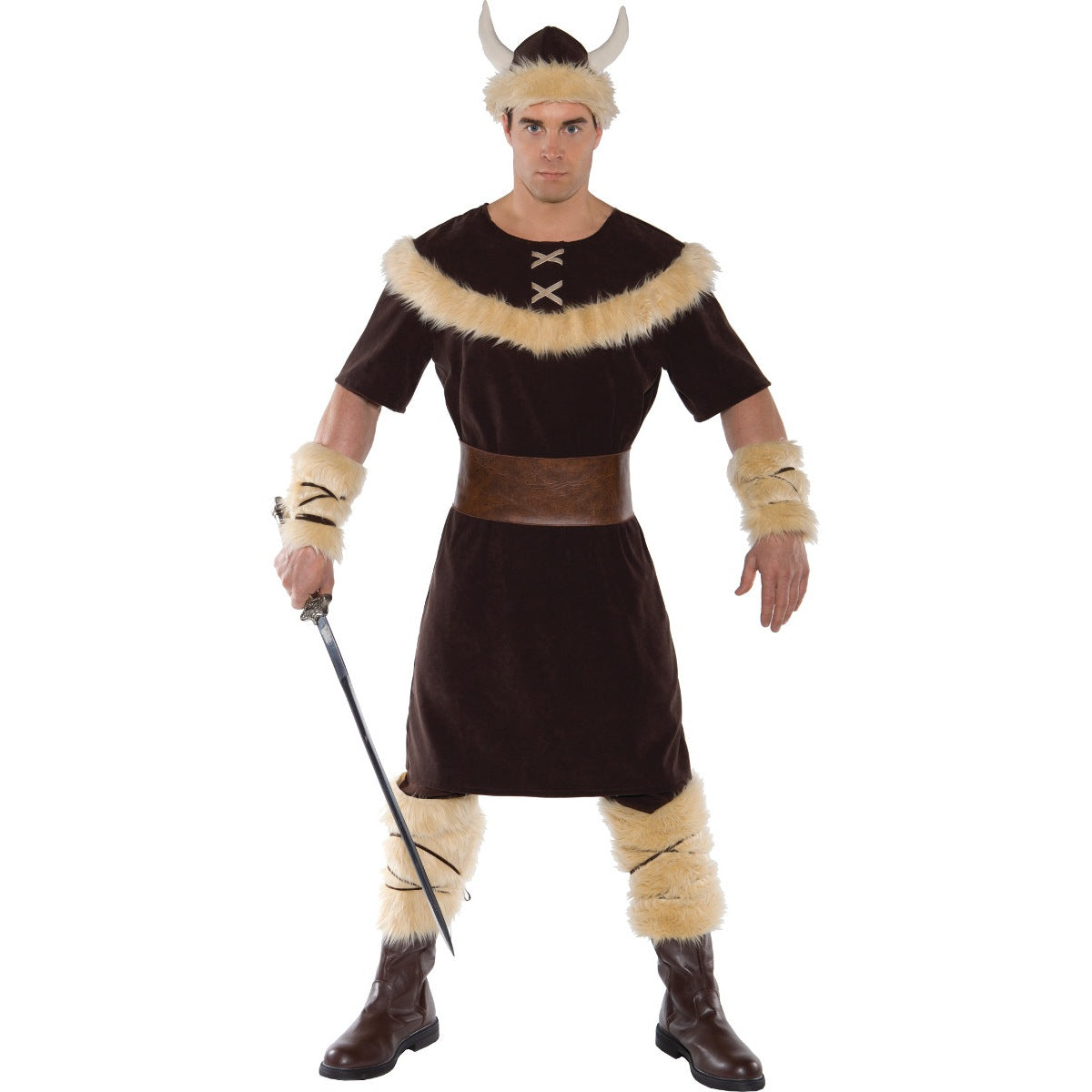 Viking Tuniek Kostuum | Hoed met Hoorns | Bont Arm en Beenstukken