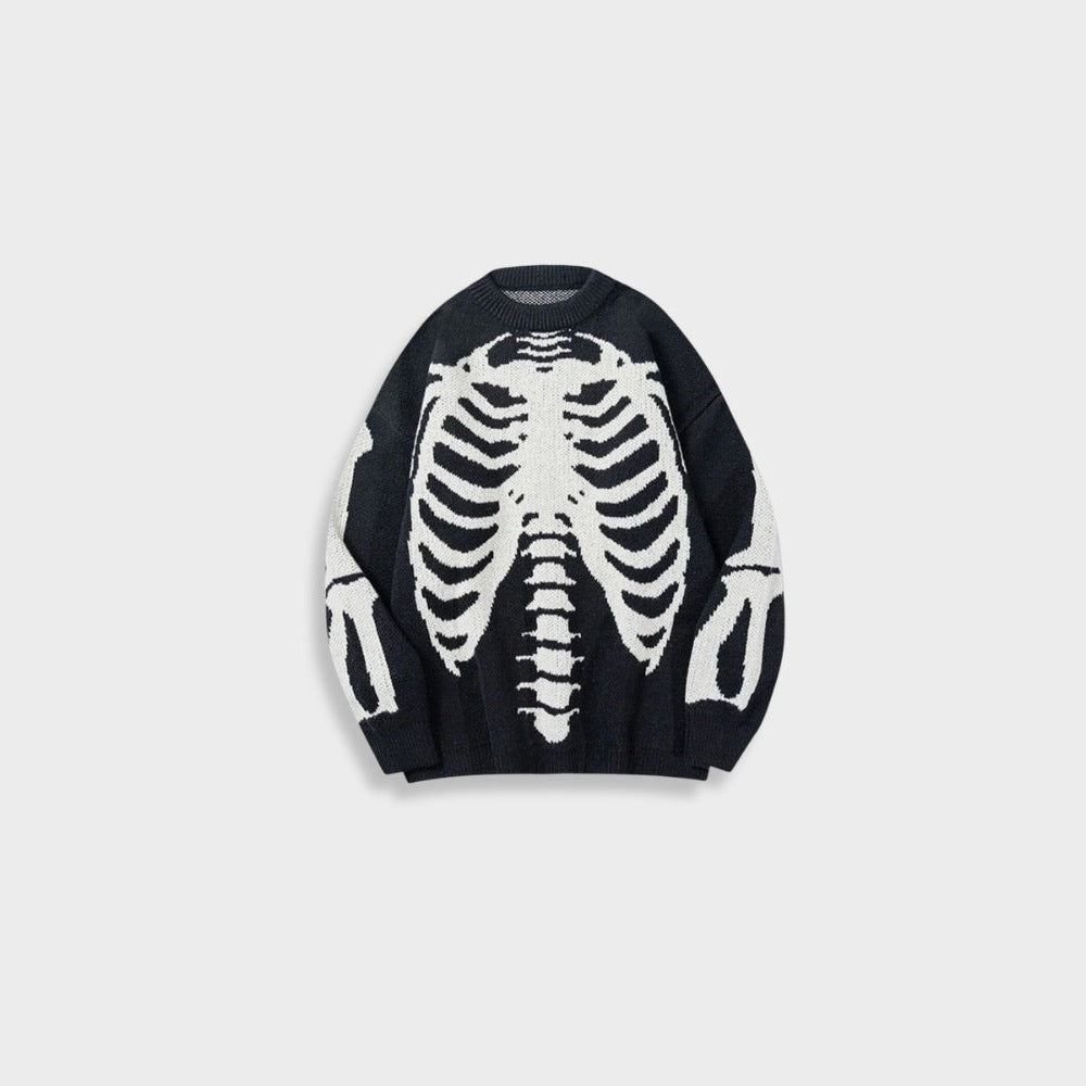 Zwarte gebreide trui met wit ribbenkast skeletpatroon, plat gefotografeerd | Boutique Moda