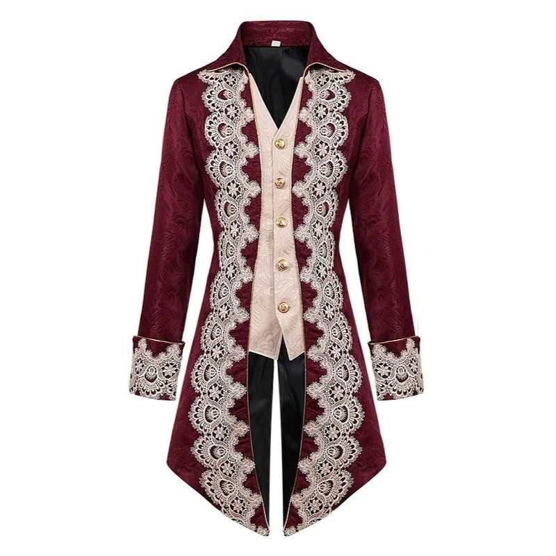 Victoriaanse Geklede Jas Heren | Bordeauxrood | Jacquard | Kant | Steampunk