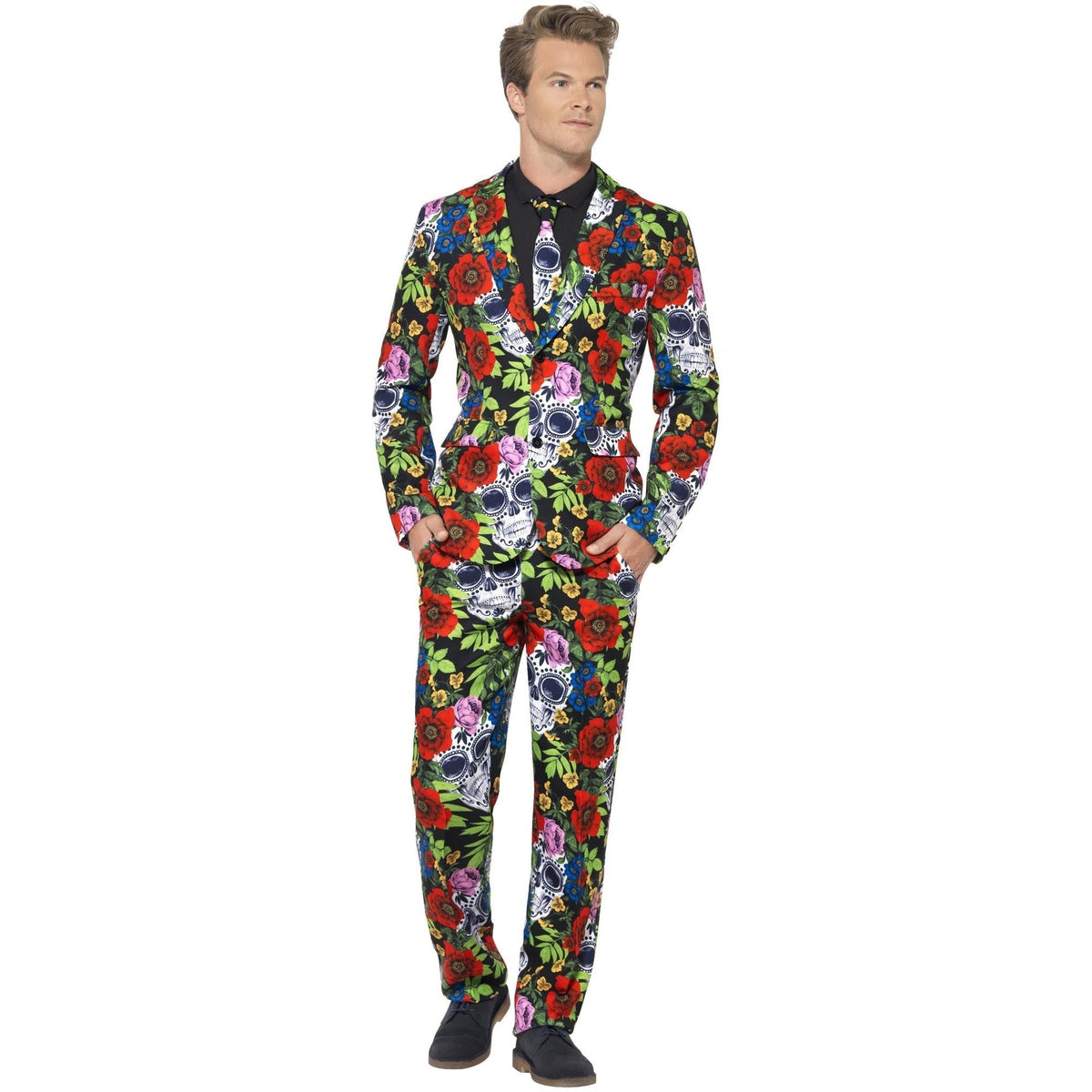 Heren pak met kleurrijke doodskop en bloemenprint, gedragen door model | Boutique Moda