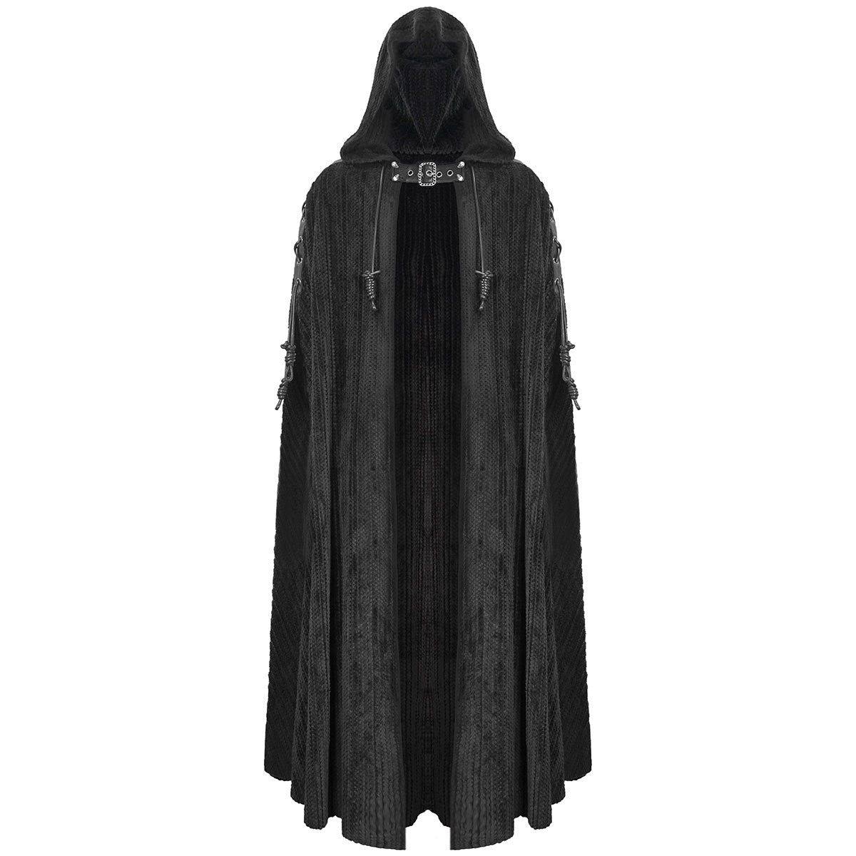 Zwarte gotische cape met capuchon, gesp en veters, gedragen door model | Boutique Moda