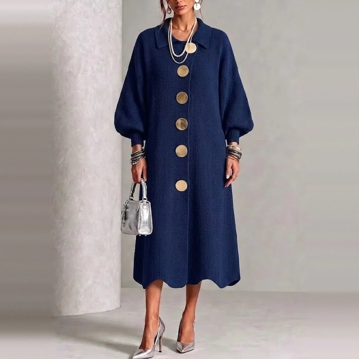 Gebreide Jurk Dames met Knopen | Ballonmouwen | Golvende Zoom | 7 Kleuren