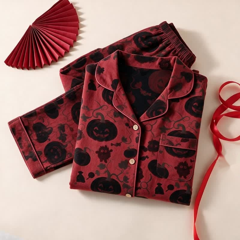 Pompoen Monster Pyjamaset Heren | Knoopsluiting | Rood met Zwart