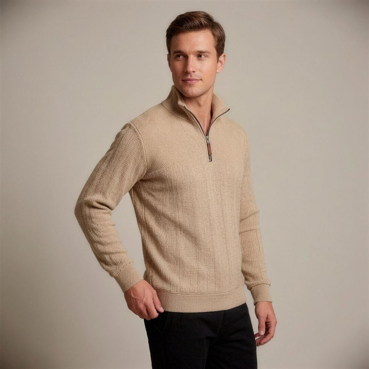 Relaxed Fit Trui met Rits Heren | Kabelpatroon | Opstaande Kraag