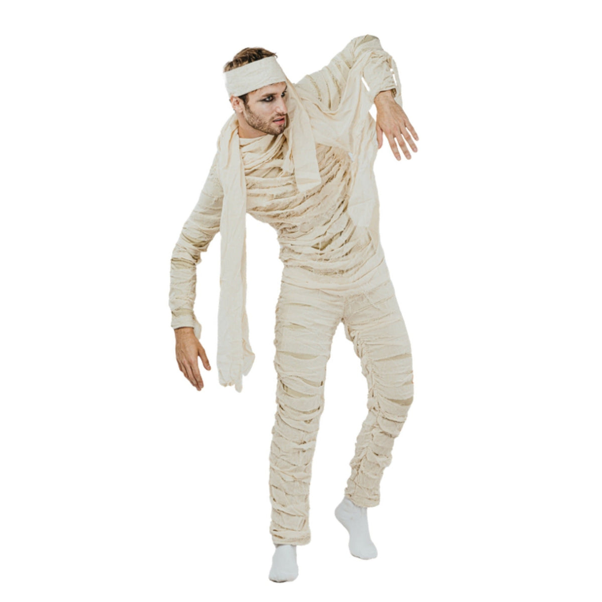 Mummie Kostuum Heren | Jumpsuit | Rafelige Stroken | Hoofdband
