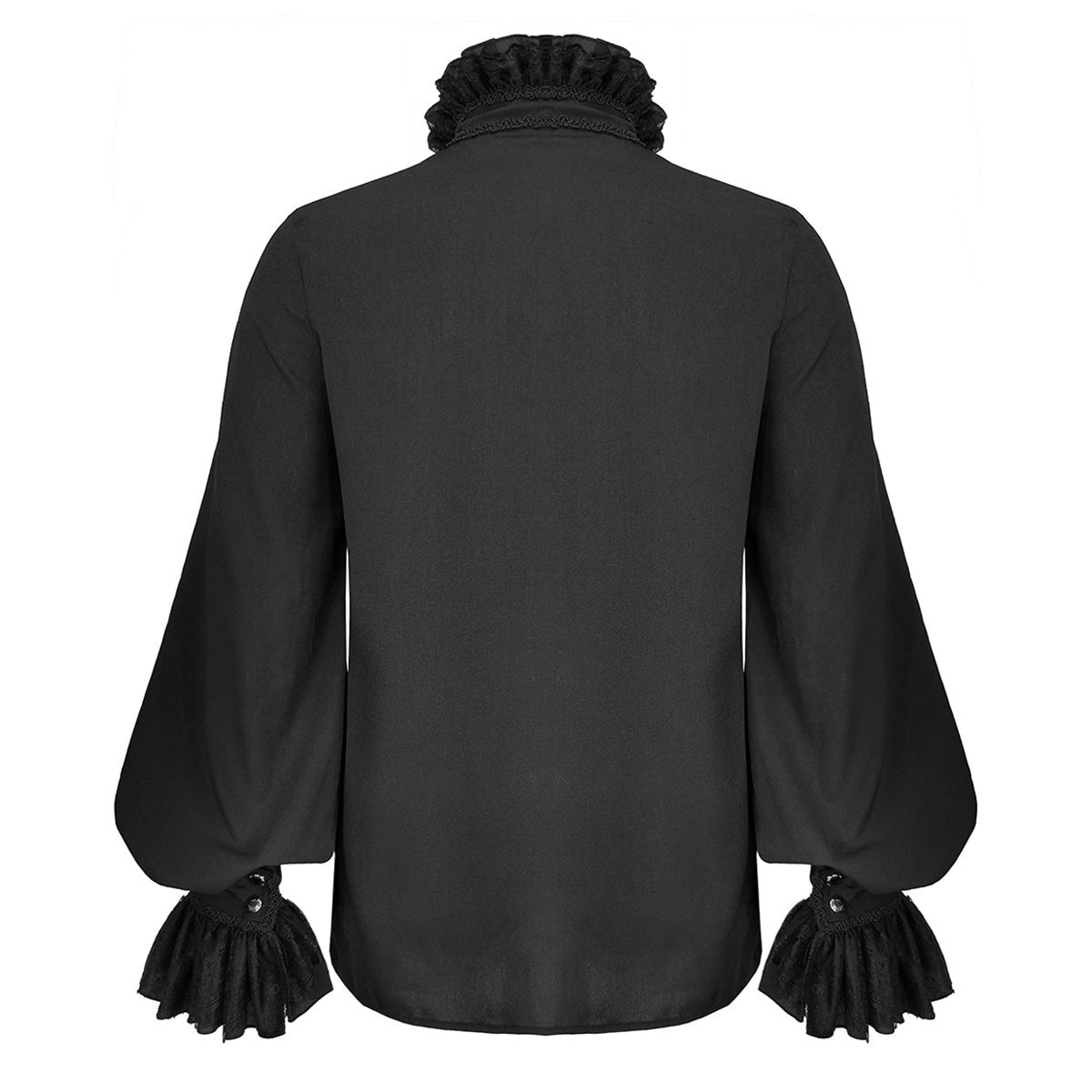 Zwart gothic overhemd met pofmouwen en kanten manchetten, achteraanzicht op model | Boutique Moda
