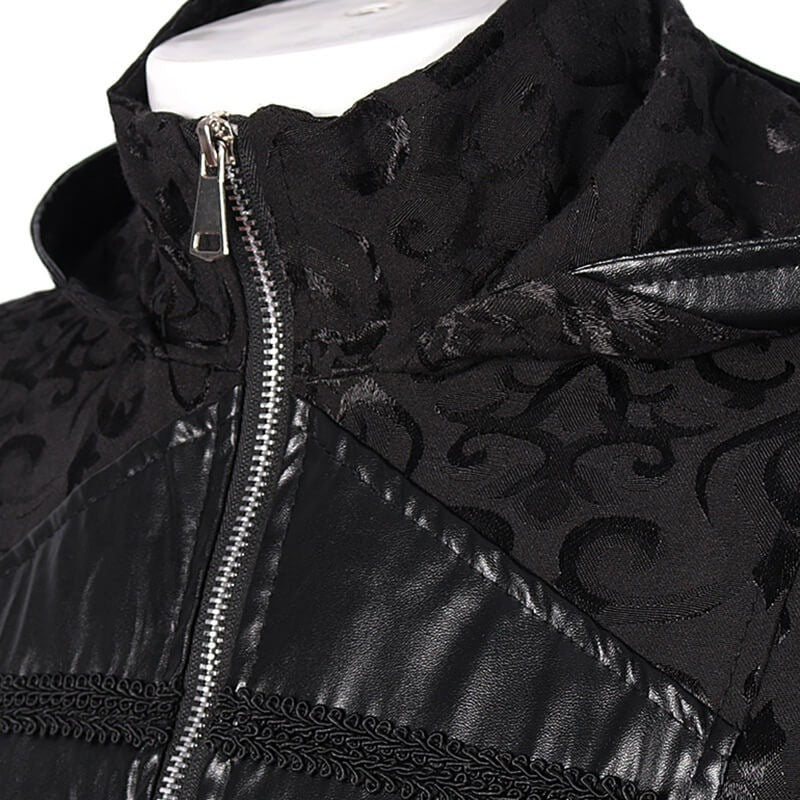 Zwarte gothic mantel met rits en jacquard patroon op paspop getoond | Boutique Moda