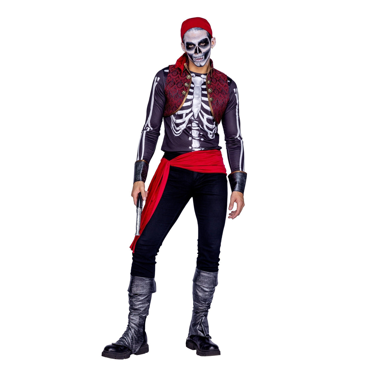 Skelet Piraten Kostuum | Skelet Shirt | Brokaat Gilet | Hoofddoek | Sjerp