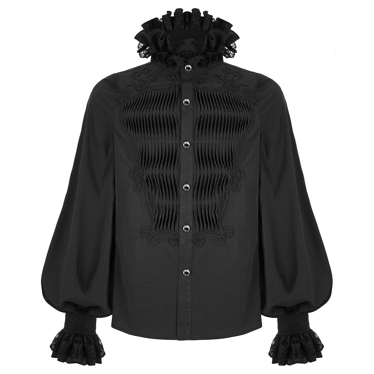 Zwart gothic overhemd met geplooide voorpand, kanten kraag en pofmouwen | Boutique Moda