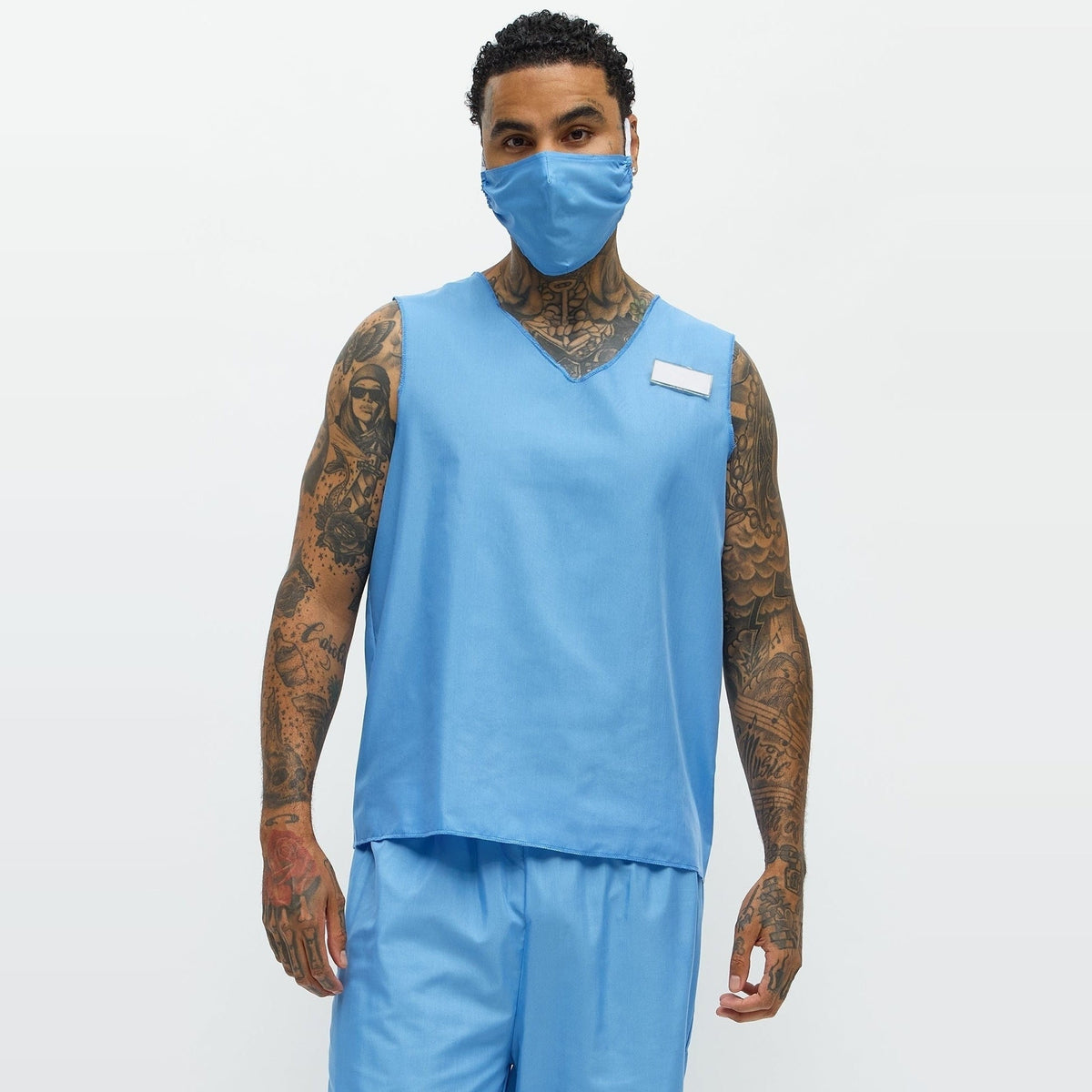 Dokter Kostuum Heren | Blauw Operatiepak | Mondkapje | Naambadge