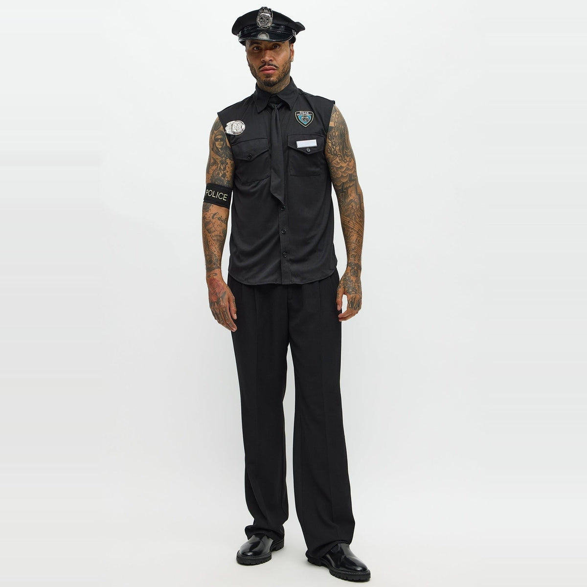 Politie Kostuum Heren | Mouwloos Overhemd | Politiepet | Stropdas | Badge